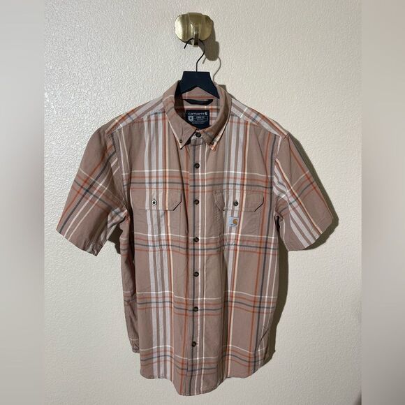 Carhartt Men's Short Sleeve Casual Plaid Shirt - Brown and Cream - Picture 1 of 6